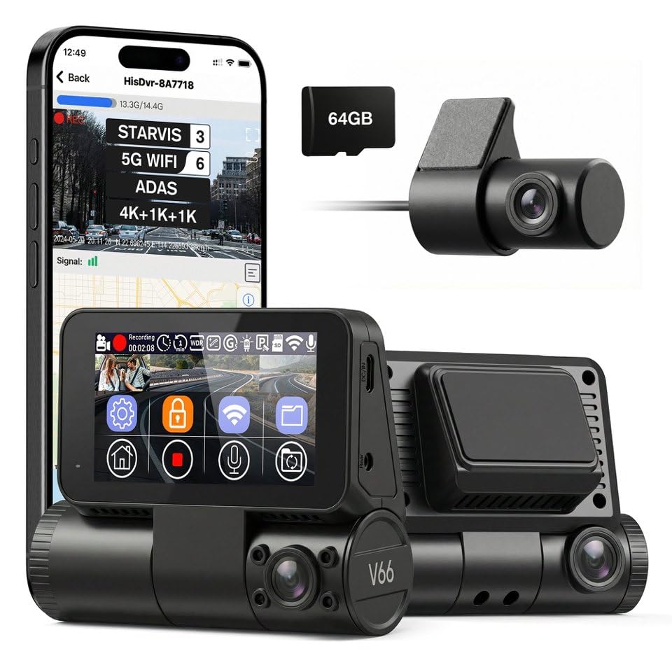 4K+1K+1K 3 Channel Dash Cam Front & Rear&Cabin Camera for Cars,Free 64GB Card, 5.8GHz WiFi 6 /GPS, G-Sensor, 170° Wide Angle, 3” IPS Smart Screen, 24H Parking,WDR,ADAS Support 512GB Max