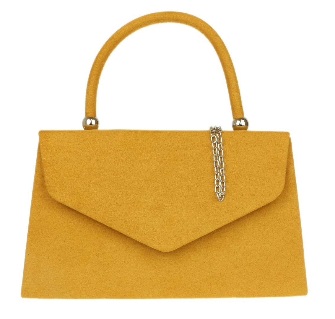 Girly Handbags Womens Top Handle Faux Suede Clutch Bag Grab Holder (Mustard)