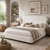 HOMBCK Full Bed Frame, White Boucle Upholstered Platform Bed | Low profile design with Adjustable Cloud Like Headboard, Rounded Corners, Solid Wood Slat Support, Easy Assembly