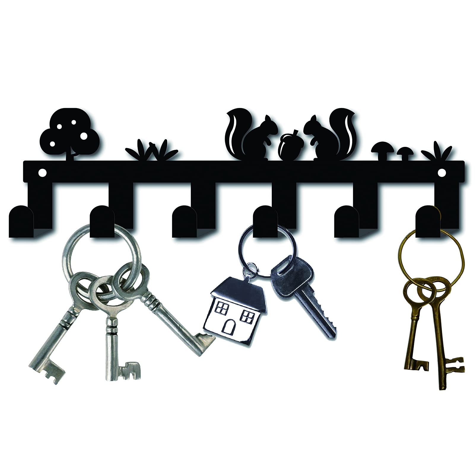 CREATCABIN Metal Key Holder Black Key Hooks Wall Mount Hanger Decor Hanging Organize Decorative with 6 Hooks Squirrel Pine Cone Pattern for Front Door Entryway Cabinet Towel 10.6 x 3.14 x 1.5 inches