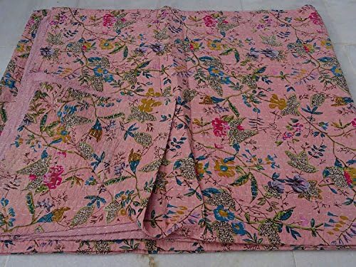 Sophia Art Indian Handmade Bohemain Beddding Bedspread Kantha Throw Quilt Cotton Kantha Bird of Paradise Twin Home Decor Kantha Quilt (Baby Pink)