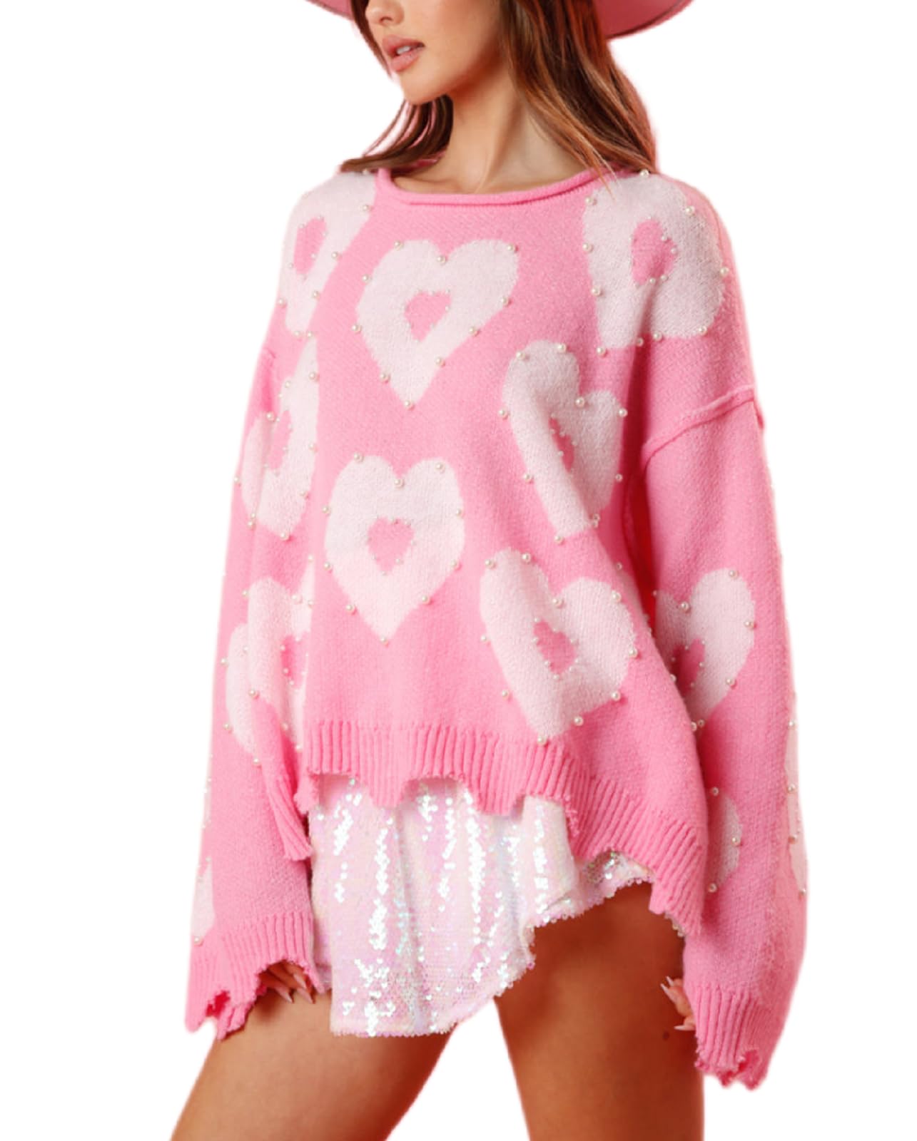 Photo 1 of Pearl Sweater for Women Love Heart Graphic Knitted Sweatshirts Cute Oversized Pullover Shirts S