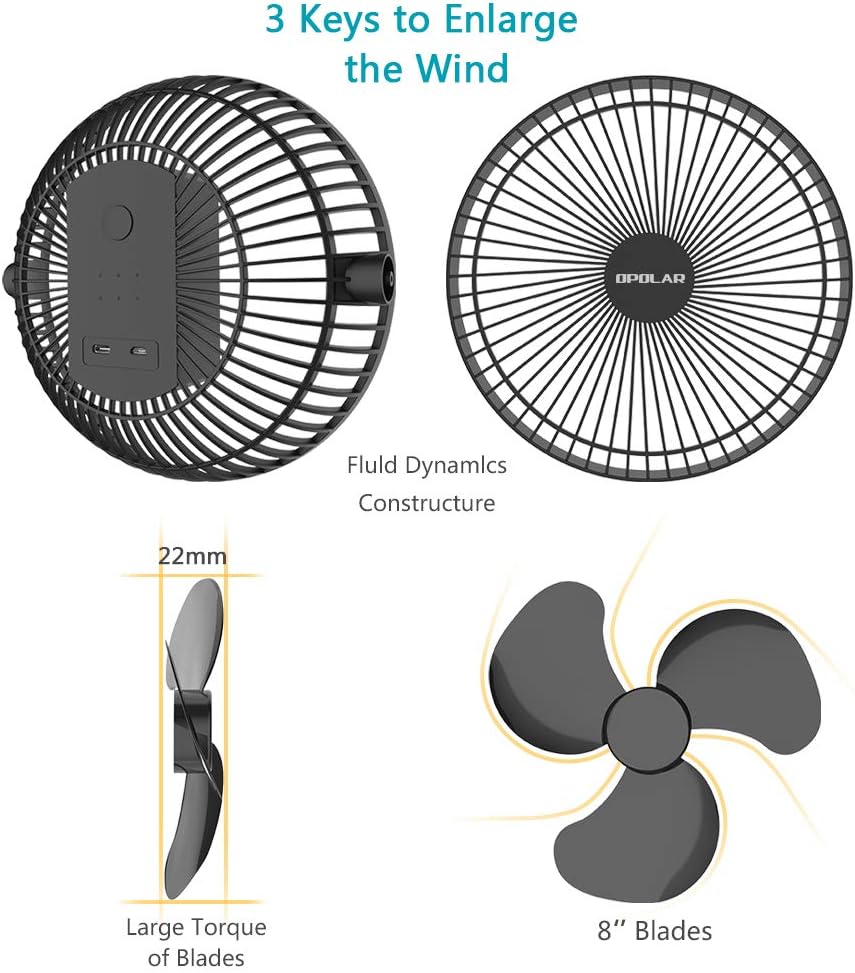 OPOLAR 10000mAh 8-Inch Rechargeable Battery Operated Clip on Fan, 4 Speeds Fast Air Circulating USB Fan, Sturdy Clamp Portable for Outdoor Camping Tent Beach or Treadmill Car Personal Desk: Home & Kitchen