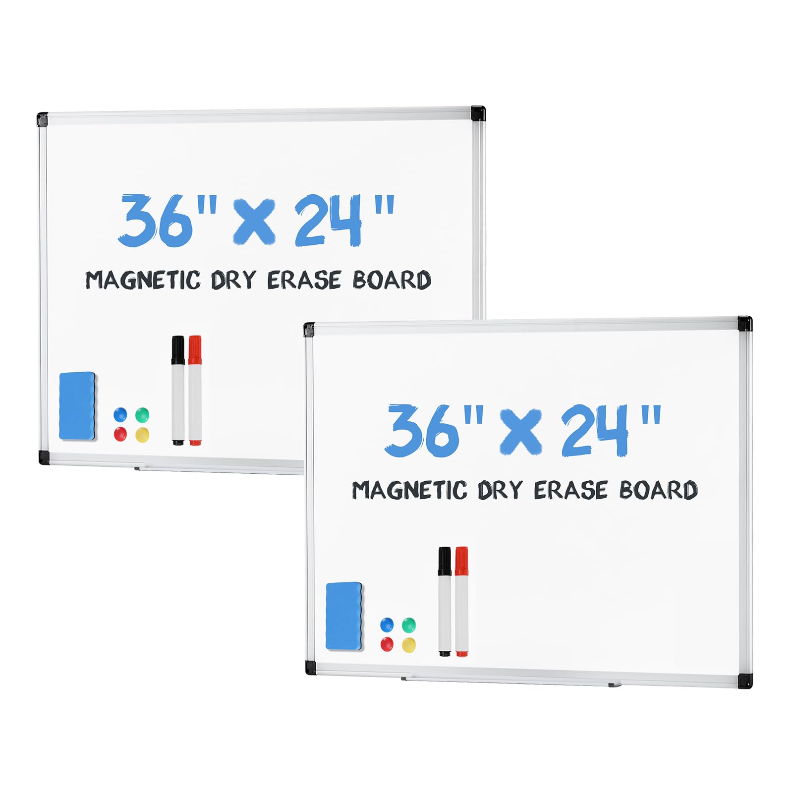 DUMOS Magnetic White Board Kit Set of 2, 36" x 24" Dry Erase Board with 1 Dry Eraser & 2 Multicolor Markers & 4 Magnetic Pins, Silver Reinforced Aluminum Frame for Home, School, Office Image