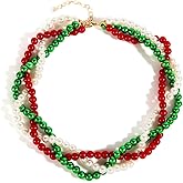 Faux Pearl Christmas Red Green White Cute Ornament Chunky Choker Necklace - Twist Imitate Pearls Xmas Costume Accessories Adjustable Chain Collar Necklaces Statement Elegant Holiday Jewelry for Women
