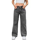 MakeMeChic Girl's Jeans Baggy Wide Straight Leg High Elastic Waisted Denim Pants Y2k Kid 7-14Y