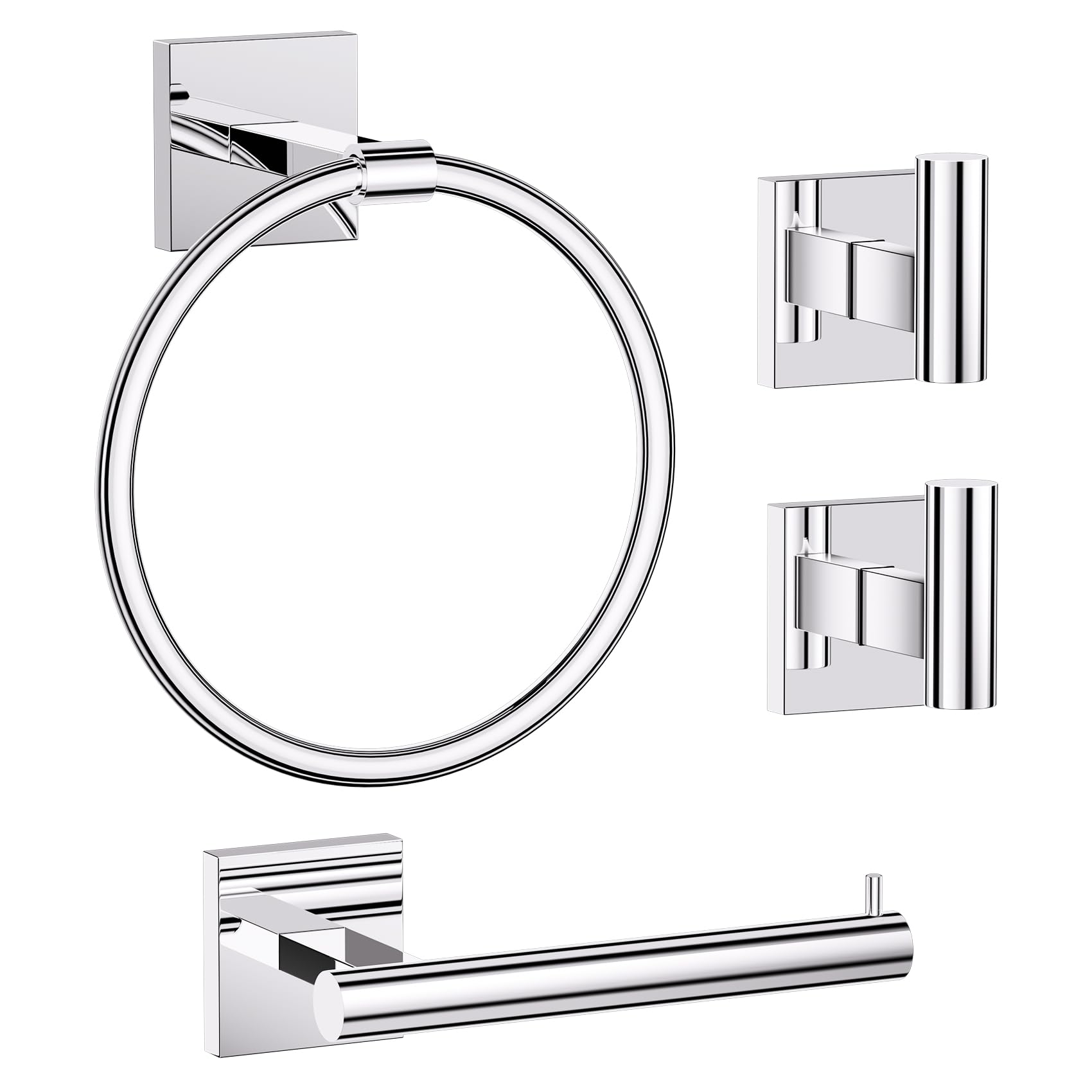 Towel Ring Set 4 Piece Bathroom Hardware Set Includes Towel Ring 2 Towel Hooks and Toilet Paper Holder Stainless Steel Wall Mounted (Polished Chrome) Image