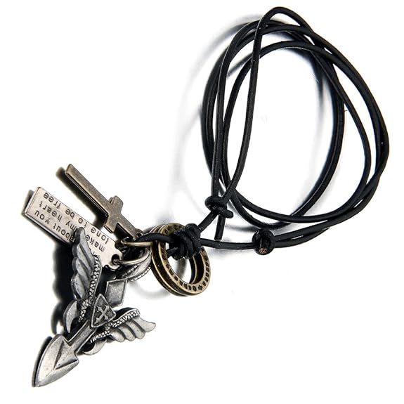 Cupimatch Herren Engel Flügel Kreuz Legierung Anhänger mit 55cm Kette, Armee Stil Leder Halskette für Herren Damen, Schwarz S