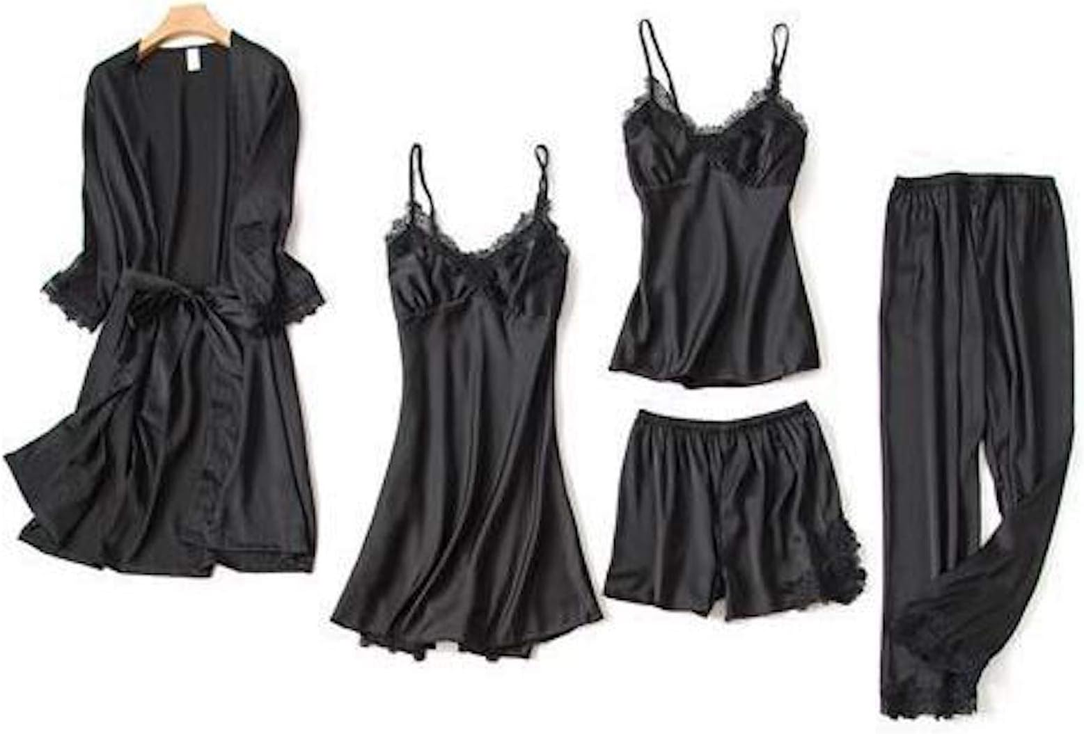 Elonglin Women's Pajamas 5Pcs Set Kimono+Camisole+Nightdresses+Long Pant+Shorts