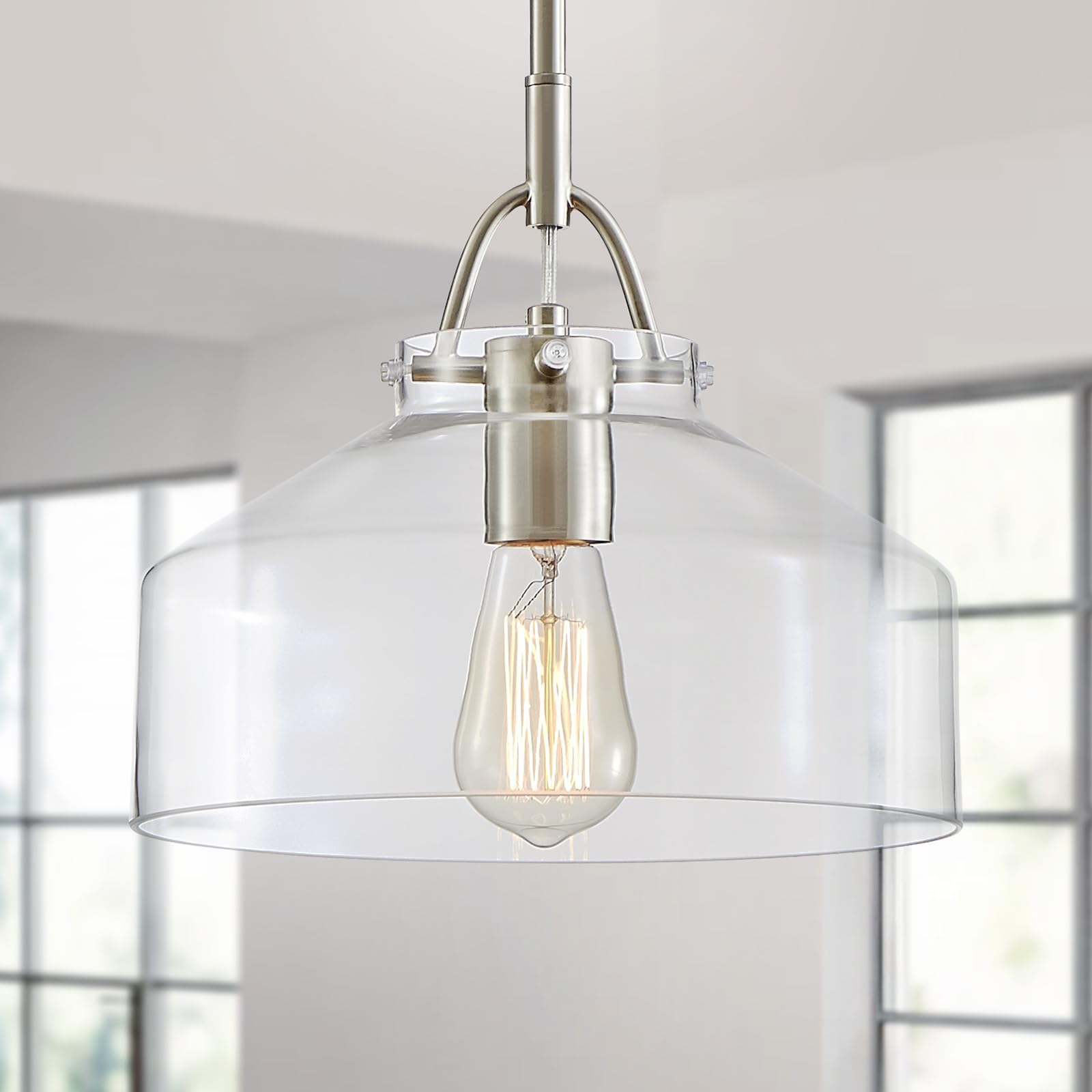 Photo 1 of WUZUPS Chandelier Rustic Farmhouse Industrial Round Ceiling Pendant LED Light Fixture with Clear Glass Shades for Dining Room Kitchen Island Foyer Entryway, H 9.4" x W 10.6", E26 Base, Brushed Nickel