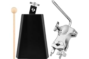 BALLMENT 7 Inch Cowbell with L-Rod Clamp Set, Cowbell for Drum Set, Adjustable Mount Bracket, Black Steel Cow Bell for Drum Sets, Percussion Instrument, Sports, Bands, Includes Stick