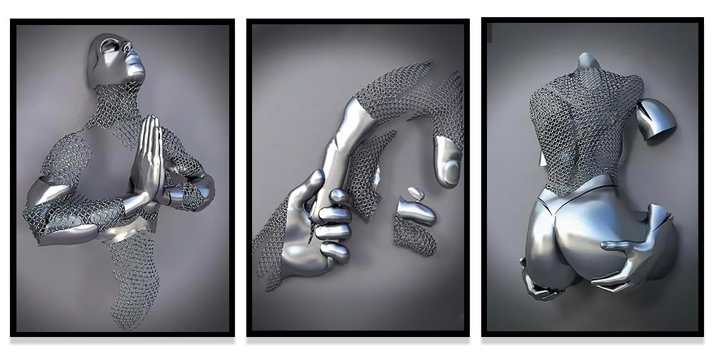 WADBTP Modern Art Metal Figure Canvas Painting Poster, Metal 3D Sculpture Effect, Romantic Lovers Hug Home Poster Set, Frameless (Style 6, 20X30CM*3)