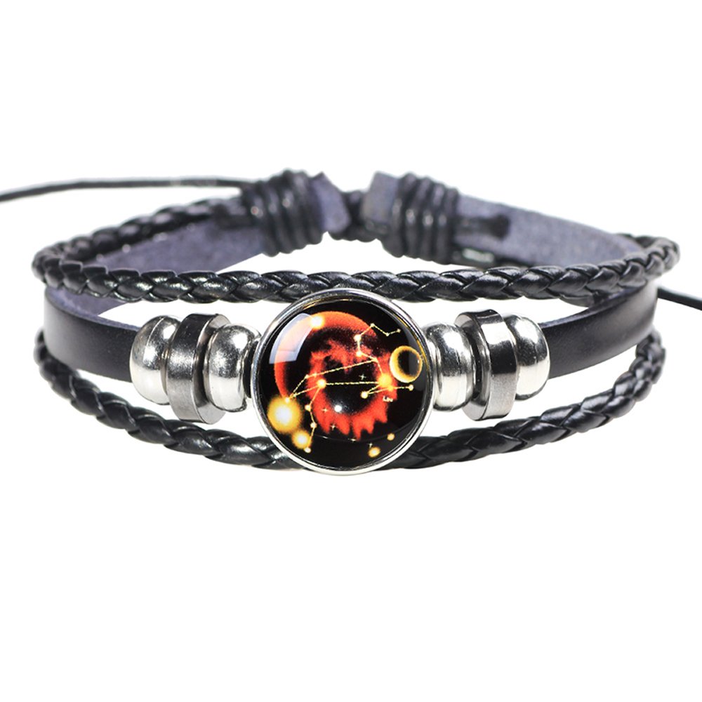 H.ZBRUJ Leather Constellation Adjustable Leo Cuff Bracelet Beaded Star Punk Multilayer Braided Rope Chain Bracelet 8 Inch & 11 Inch for Men & Women