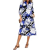 Wenrine Womens Maxi Shirt Dress Casual Floral 3/4 Long Sleeve Collared V Neck Loose Flowy Boho Fall Dresses with Pockets