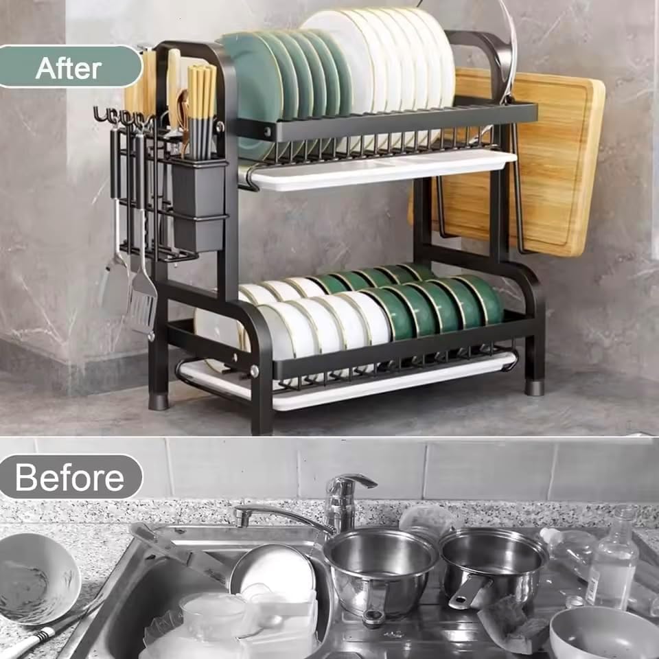 Nyganmelloz 2-Tier Stainless Steel Dish Drying Rack, Dish Drainer with Drip Tray & Utensil Holder, Multifunctional Countertop Organizer with Cup, Cutting-Board, Plate Holder for Kitchen Sink, Black