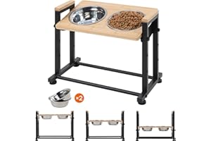 WALNEST Adjustable Height Pet Feeder Stand with 2 Dishwasher-Safe Stainless Steel Bowls – Natural Wood Top & Black Metal Frame Elevated Food/Water Station for Dogs/Cats Under 66LBS