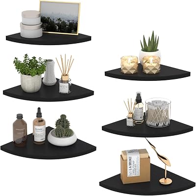 HORLIMER Black Corner Shelf Set of 6 Rustic Wooden Wall Shelves