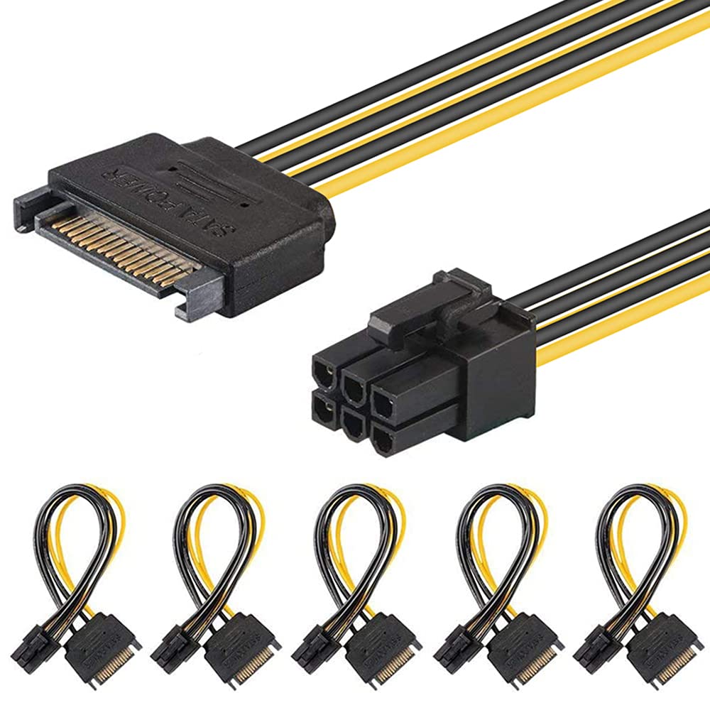 J&D (5 Pack) SATA 15 Pin to 6 Pin PCI Express (PCIe) Graphics Video Card Power Cable Adapter (20 cm)