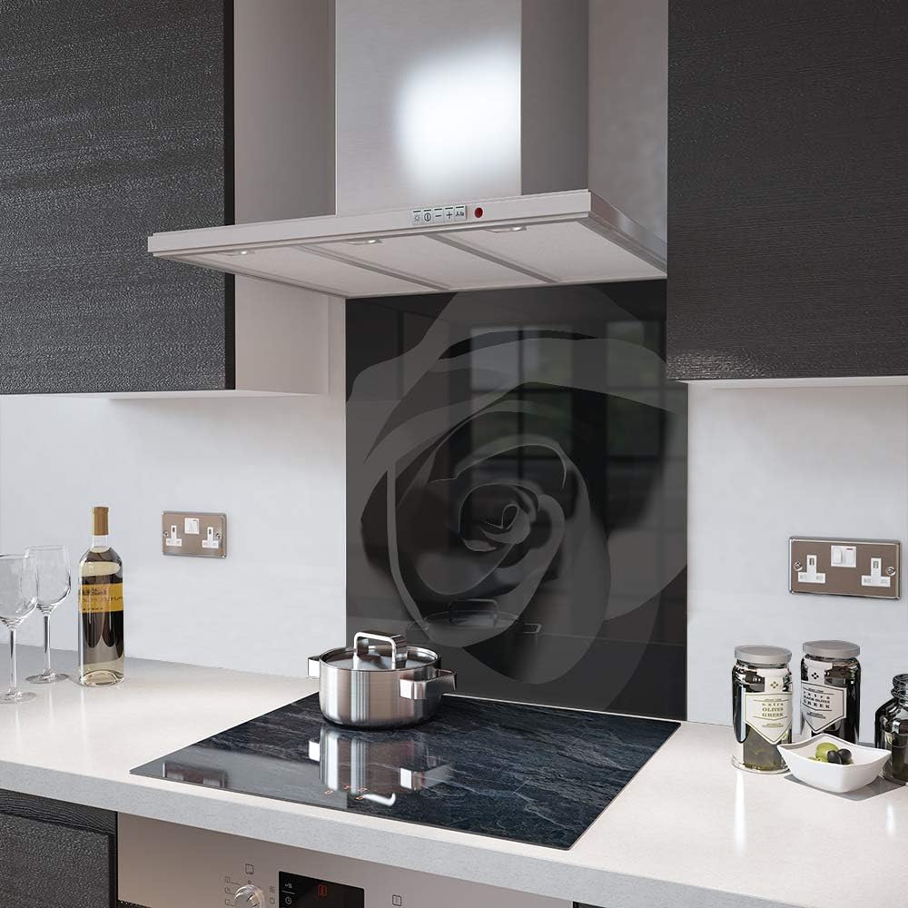 Premier Range - Black Rose Design Toughened Glass Splashback - 90cm Wide x 75cm High