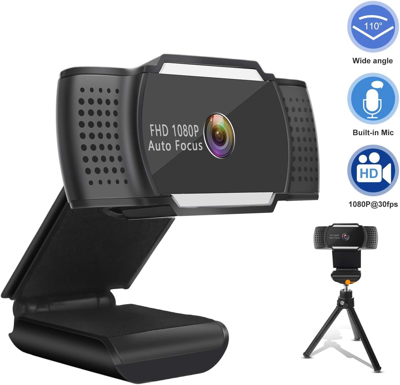 FHD Webcam 1080P with Microphone, Auto Focus USB Plug and Play 110-degree Wide Angle PC Laptop Desktop Web Camera for Online Teaching Live Streaming Video Conference Recording Gaming Skype 5 Megapixel