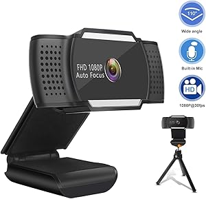 FHD Webcam 1080P with Microphone, Auto Focus USB Plug and Play 110-degree Wide Angle PC Laptop Desktop Web Camera for Online Teaching Live Streaming Video Conference Recording Gaming Skype 5 Megapixel