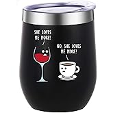 ATHAND She Loves Me More Wine Tumbler,12 Oz Insulated Stainless Steel Iced Coffee Tumbler with Lid,Funny Travel Coffee Mug Cup Water Bottle,Cute Christmas Birthday Gift for Wife, Mom,Women,Men(Black)