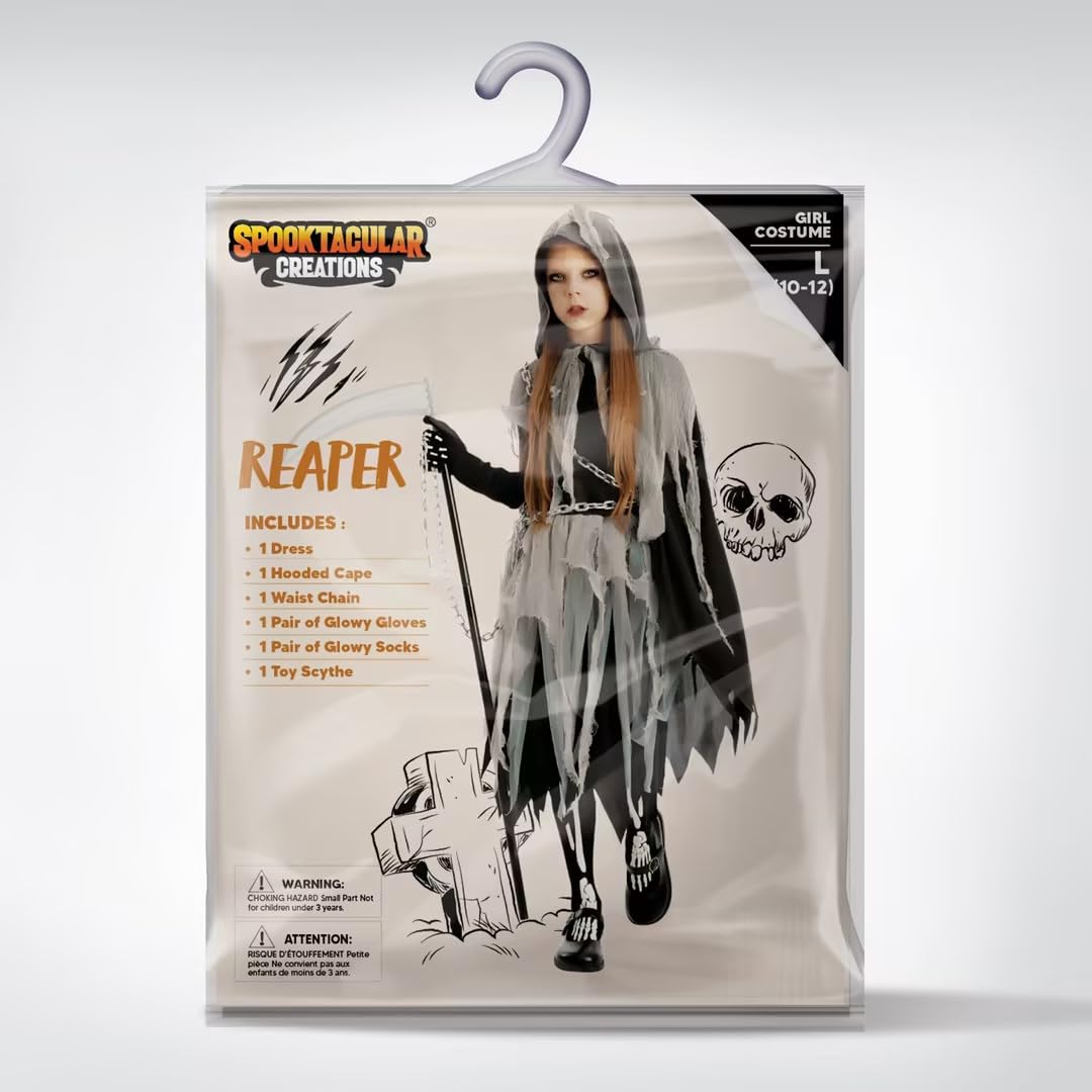 Spooktacular Creations Girl Grim Reaper Costume with Gloves and Tights Glow in the Dark, Scary Halloween Costume
