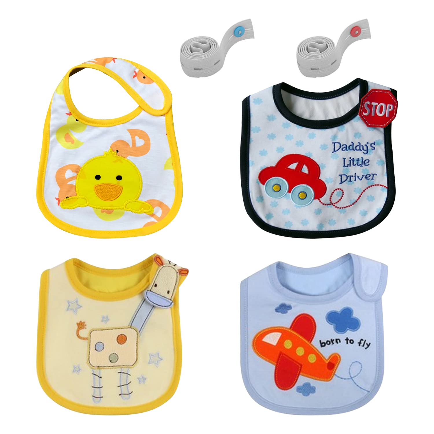 NINVVS 4 cartoon bibs with 2 diaper straps, soft cotton bibs, adjustable waterproof bibs, neutral embroidered bibs, reusable (20 * 35cm)