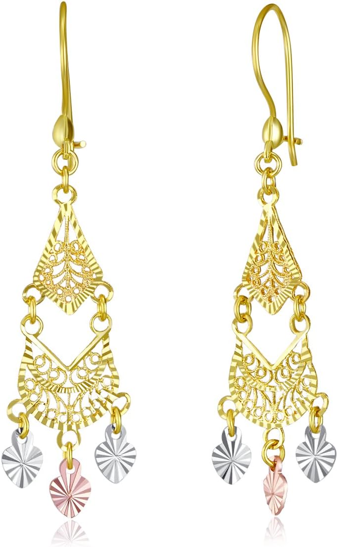 Wellingsale Ladies 14k Tri 3 Color Gold Diamond Cut Fancy Chandelier Dangle Hanging Drop Earrings (11 X 38mm)