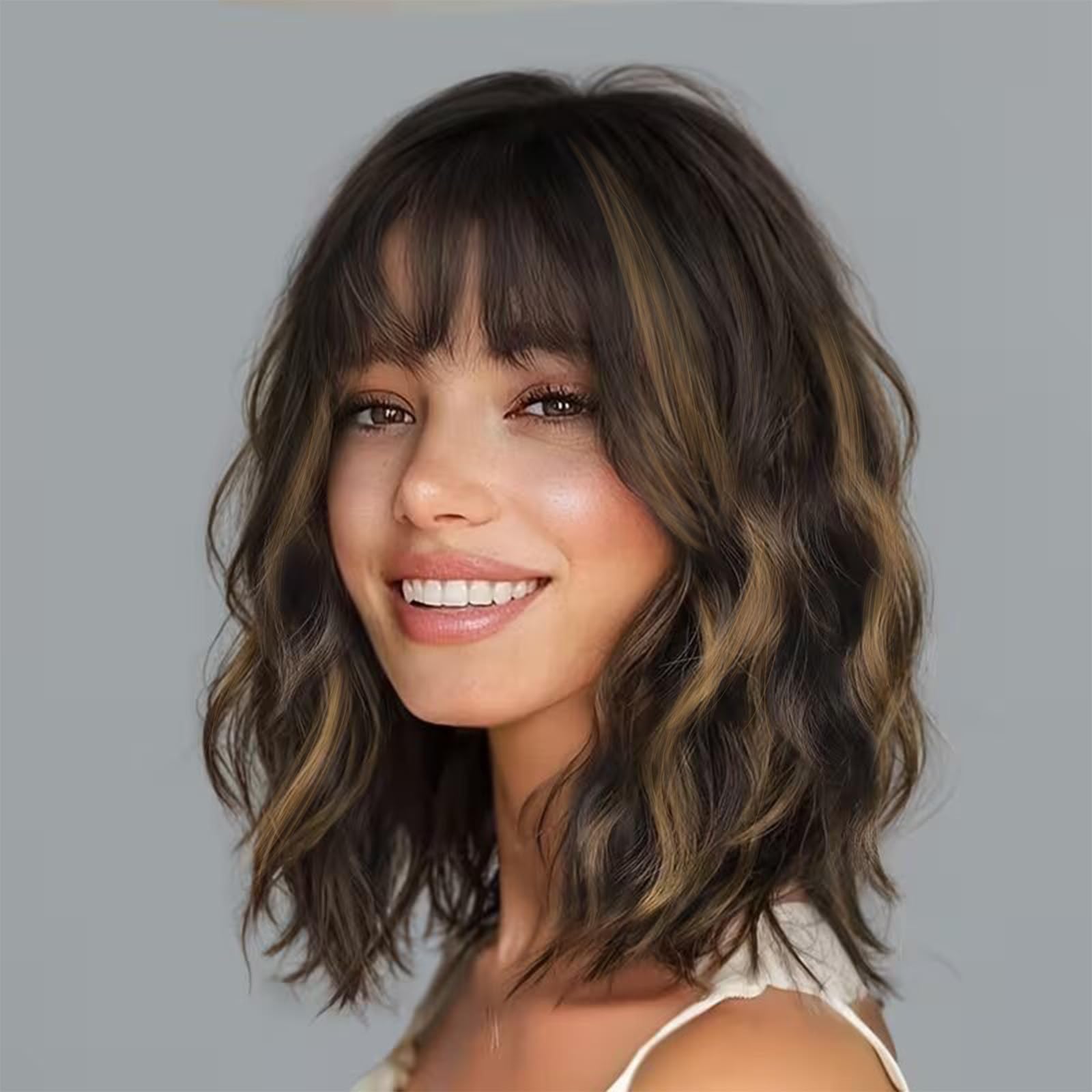 View 1 of ** USED** Kurope Black Mixed Brown Bob Wig with Bangs Wavy Synthetic Wigs for Women Heat Resistant Natural Looking 12 Inch Short Shoulder Length Wig for Daily Wear or Cosplay