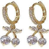 CZ Cherry Huggie Hoop Earrings for Women Gold-Toned Crystal Green Red Fruit Dangle Drop Hoops Earring Dainty Lightweight Charm Shining Summer Jewelry for Mother Sister