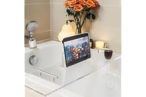 Ezcasch Acrylic Bathtub Tray Bathtub Tray Caddy Bath Tray Table for Tub Luxury Spa with Book and Wine Glass Holder Bathroom Accessories for Decorative Bathtubs, Transparent 31.5inch