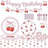 DLINSBOAD 178Pcs Cherry Birthday Party Decorations Set, Cherry Themed Plates Cups Napkins Straws Cutlery Tableware with Happy Birthday Banner Banner and Tablecloth for 24 Guests
