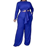 EDITCOZY Women Plus Size 2 Piece Sets Sexy Long Sleeve Self Tie Top Wide Leg Pants Outfits Casual Sweatsuits