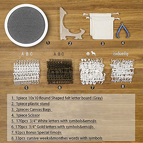 G GAMIT Round Felt Letter Board Message Sign - 10x10 inches Message Board with 465 Changeable White&Golden Letters,Numbers,Cursive Words and Stand for Party,Baby Announcement,Wedding,Pregnancy,Wall&Tabletop Decor (Gray)