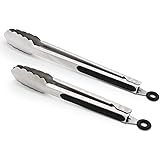 304 Stainless Steel Kitchen Cooking Tongs, 9" and 12" Set of 2 Sturdy Grilling Barbeque Brushed Locking Food Tongs with Ergon