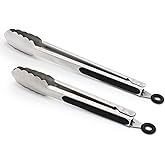 304 Stainless Steel Kitchen Cooking Tongs, 9" and 12" Set of 2 Sturdy Grilling Barbeque Brushed Locking Food Tongs with Ergon