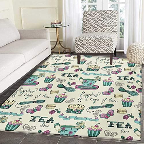 Tea Party Bath Mats Floors Happiness is a Cup Tea Stylized Calligraphy Butterflies Roses Door Mat Indoors Bathroom Mats Non Slip 48"x60" Cream Pink Forest Green