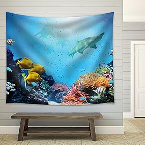 Sharks and Colorful Fish Swimming Through Coral Reefs on The Bottom of The Ocean - Fabric Tapestry, Home Decor - 51x60 inches