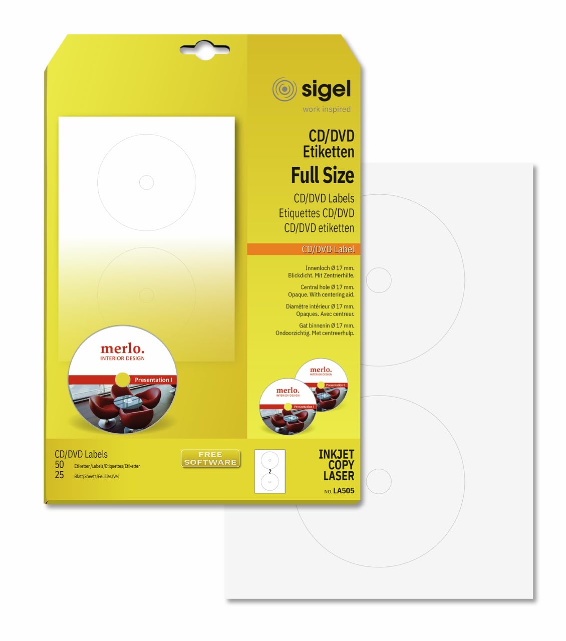 SIGEL LA505 Universal CD/DVD Labels with centering aid, Ø 11.7 cm (center Ø 1.7 cm), 50 lbl equal to 25 sheets, White