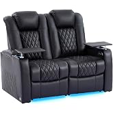 comfiroom Top-Grain Leather Home Theater Seating, Dual-Motor Power Recliner | Classic Black Zero Gravity Motorized Theater Chair with USB-C Charging Adjustable Headrest Tray Table, Row of 2 Loveseat