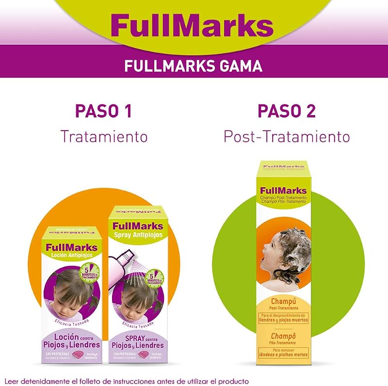 FullMarks Kit Tratamiento Antipiojos para Niños, Elimina los Piojos, Contiene Loción 100 ml, Champú Post-Tratamiento 150 ml y Lendrera Metálica