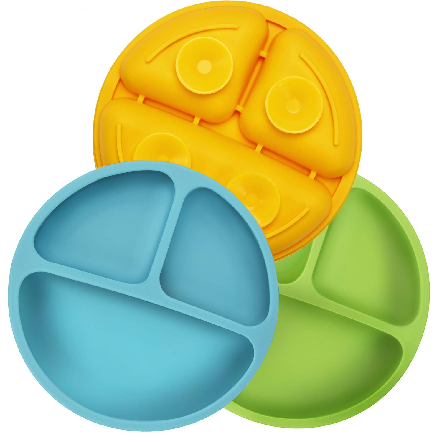 PandaEar Baby Suction Plates Divided Unbreakable Silicone Baby Weaning Plates for Toddler Kids Children - 3 Pack - Non-Slip - Microwave Safe |Blue Green Yellow