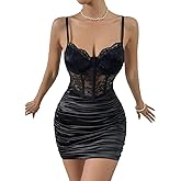 jascaela Womens Mesh Corset Dress Sexy Sleeveless Satin Slit Dresses Party Cocktail Ruched Bodycon Dress