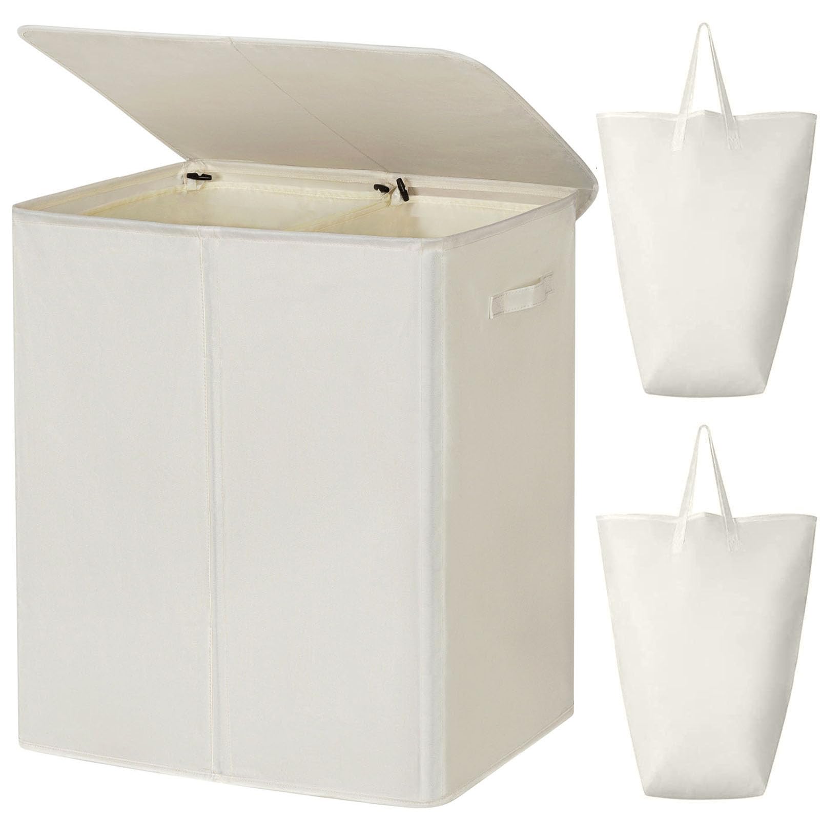 Photo 1 of WOWLIVE 140L Double Laundry Hamper with Lid and Removable Laundry Bags, Large Dirty Clothes Hamper 2 section Collapsible Laundry Basket Dorm Room Storage for Bedroom, Bathroom, College,Beige