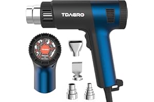 TDAGRO 1800W Heat Gun 122℉-1202℉（50℃- 650℃）Fast Heating Small Hot Air Gun Kit Variable Temperature Control Overheat Protection with 4 Nozzles for Crafting, Shrink Tubing, Vinyl Wrap(5.25FT)