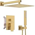 Iriber Brushed Gold Rain Shower System with 10 Inch Shower Head and Handheld Bathroom Wall Mounted Shower Set Contain Shower Faucet Mixer and Trim Kit (Valve Included)