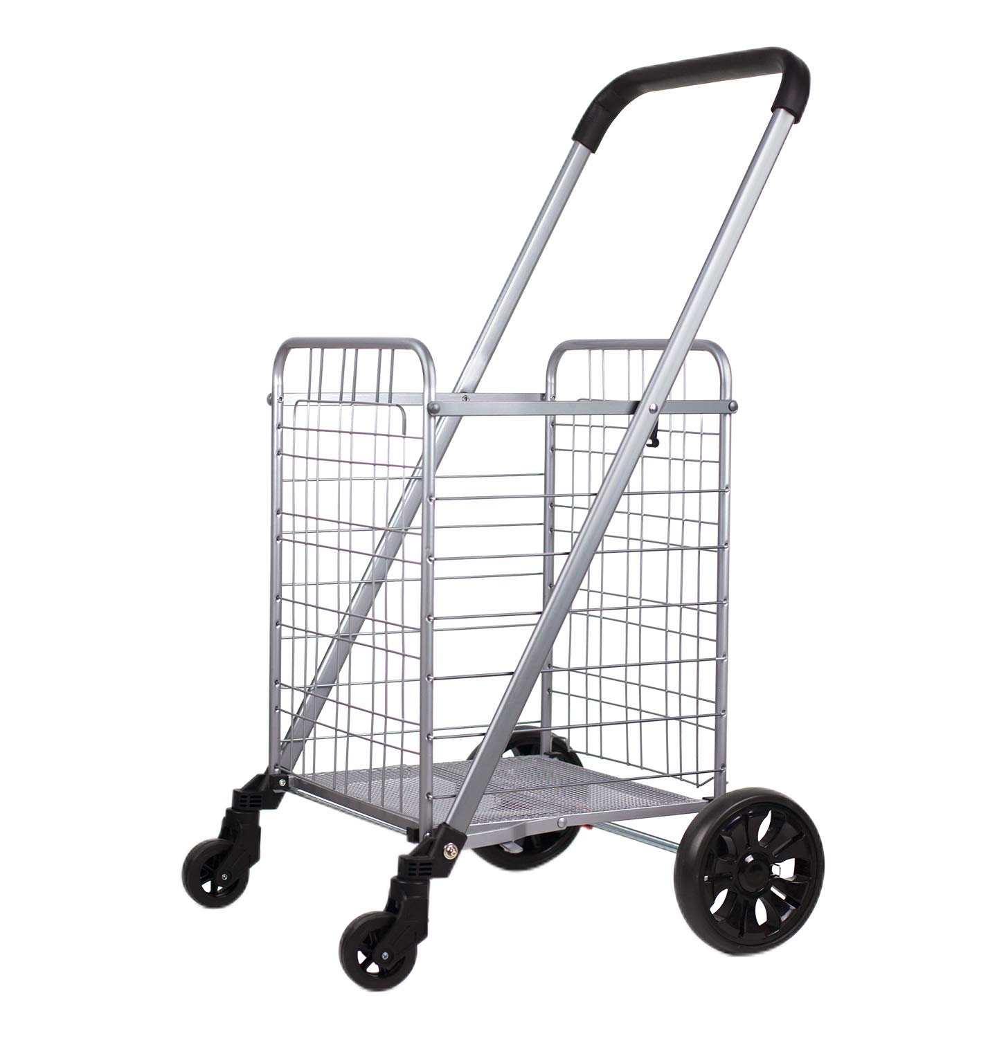 OmniRolls Grocery Shopping Cart with Swivel Wheels, Folding Shopping Cart with Wide Cushion Handle, Mesh Bottom and Brake System, Silve,