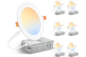 MAXvolador 6 Inch Ultra-Thin LED Recessed Ceiling Light with Junction Box 1200LM High Brightness 6-Pack, 5CCT 3000K/3500K/4000K/5000K/6500K Selectable, Dimmable Canless Wafer Downlight 12W 110W Eqv