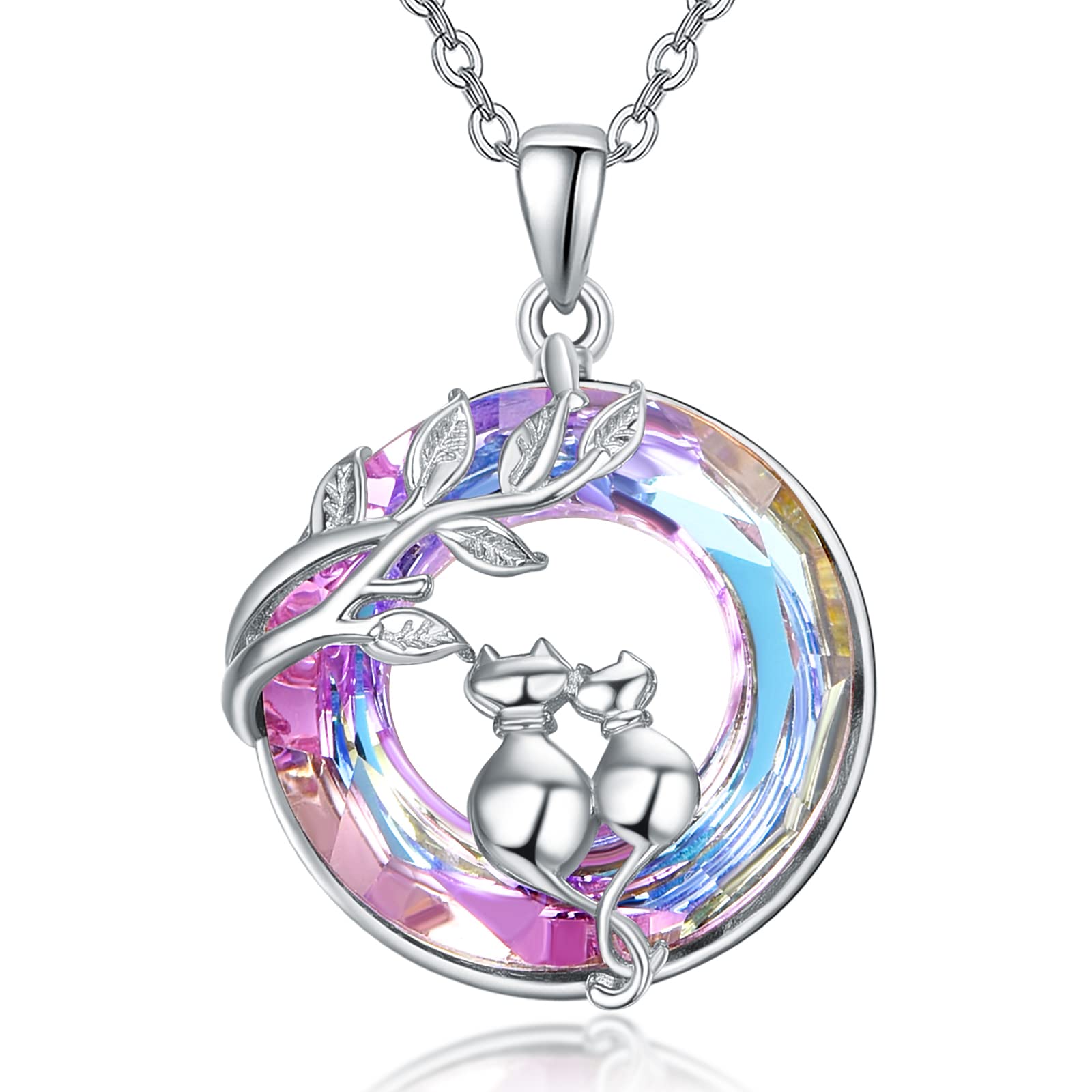 KINGWHYTE Cat Necklace 925 Sterling Silver Crystal Pendant Cat on Tree Pendant Necklace Jewellery Gifts for Women Wife Girls Daughter Girlfriend